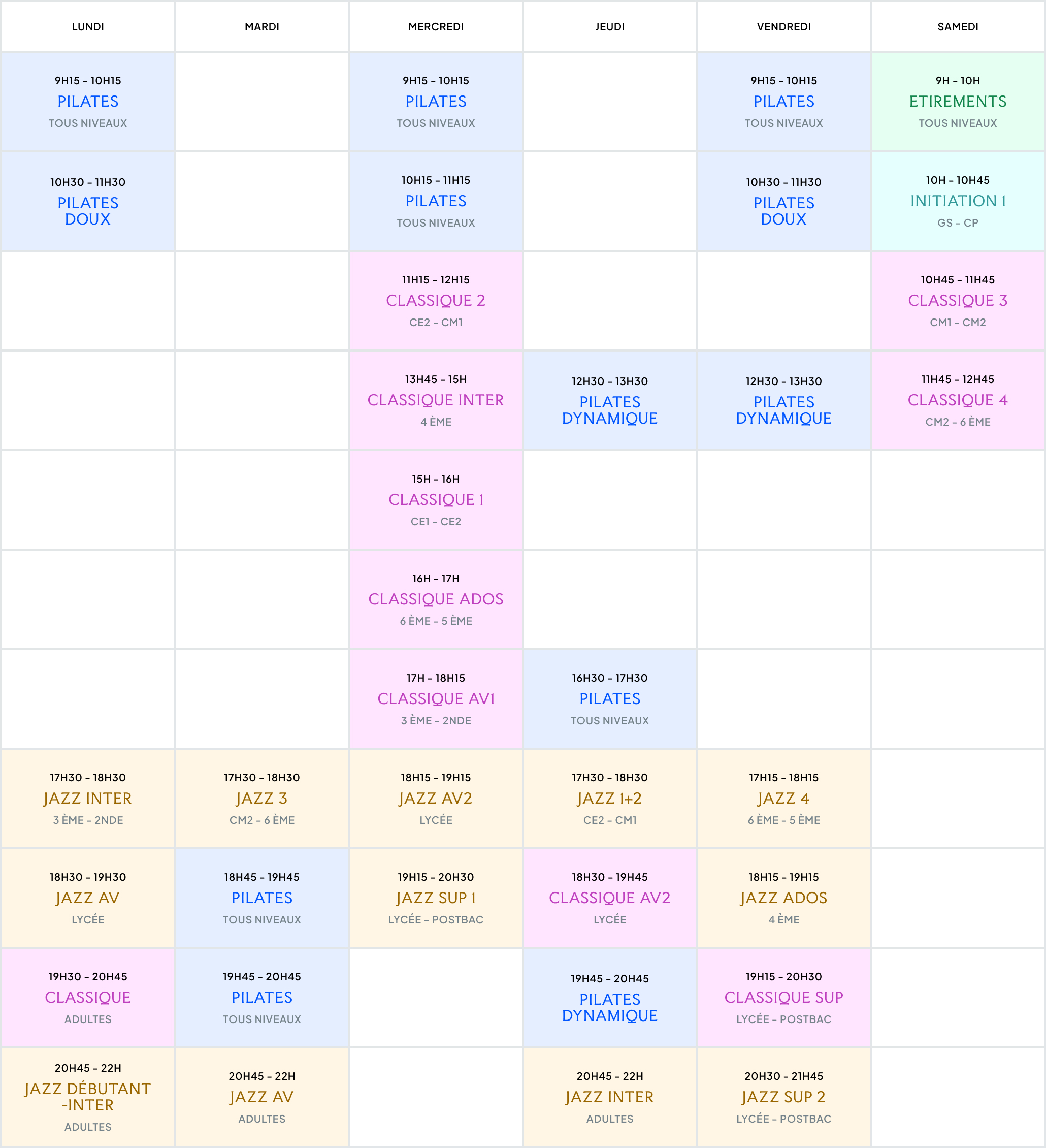 Planning des cours