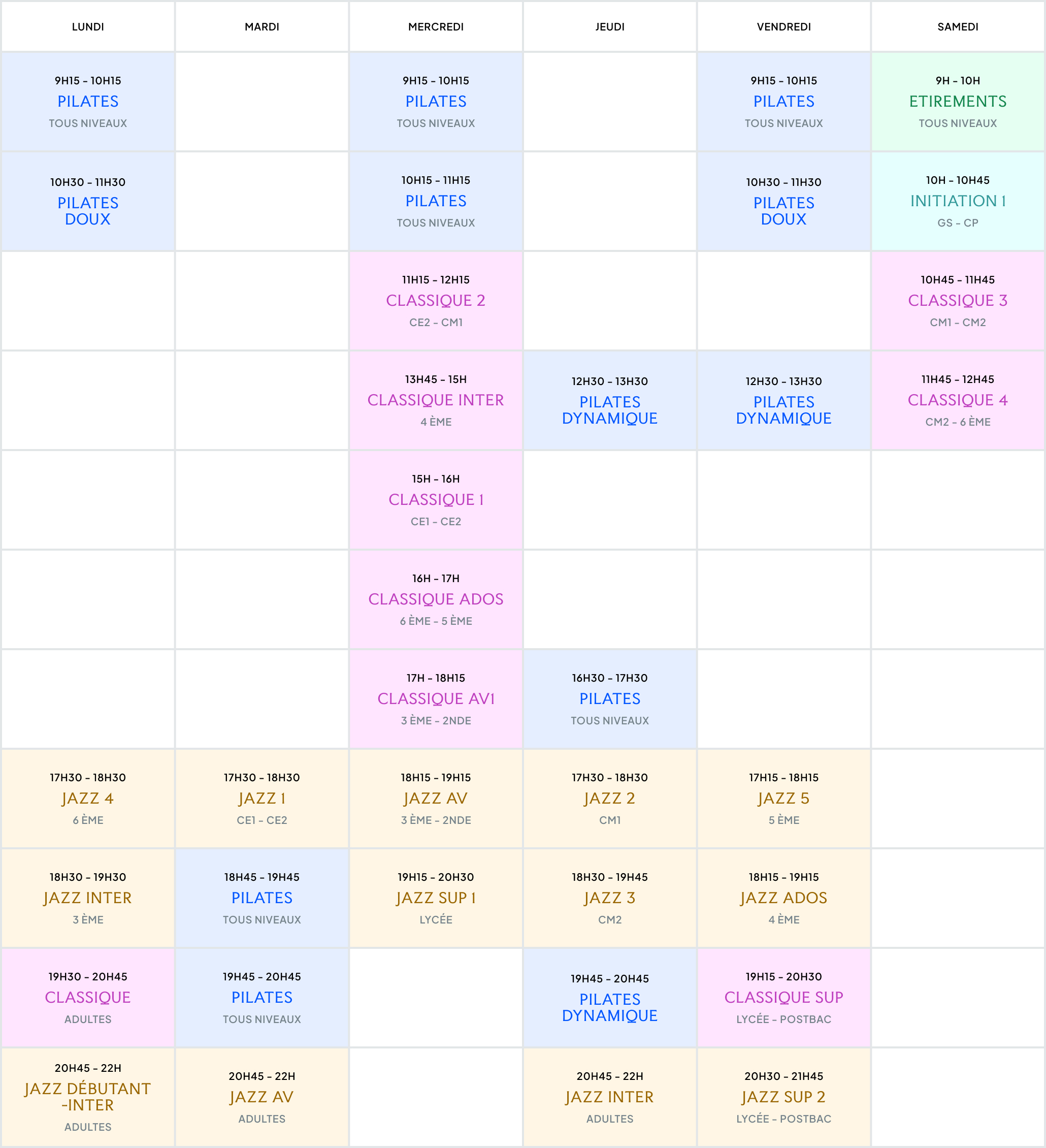 Planning des cours